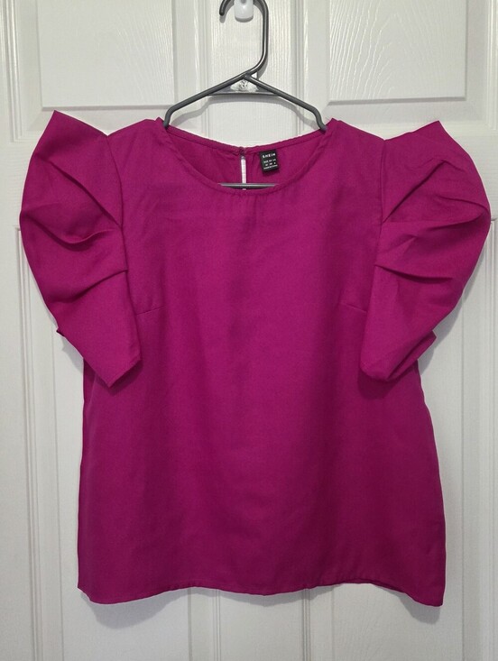 SHEIN Tops - Women's Hot Pink Puff Short Sleeve Blouse Top Size Medium Business Casual
